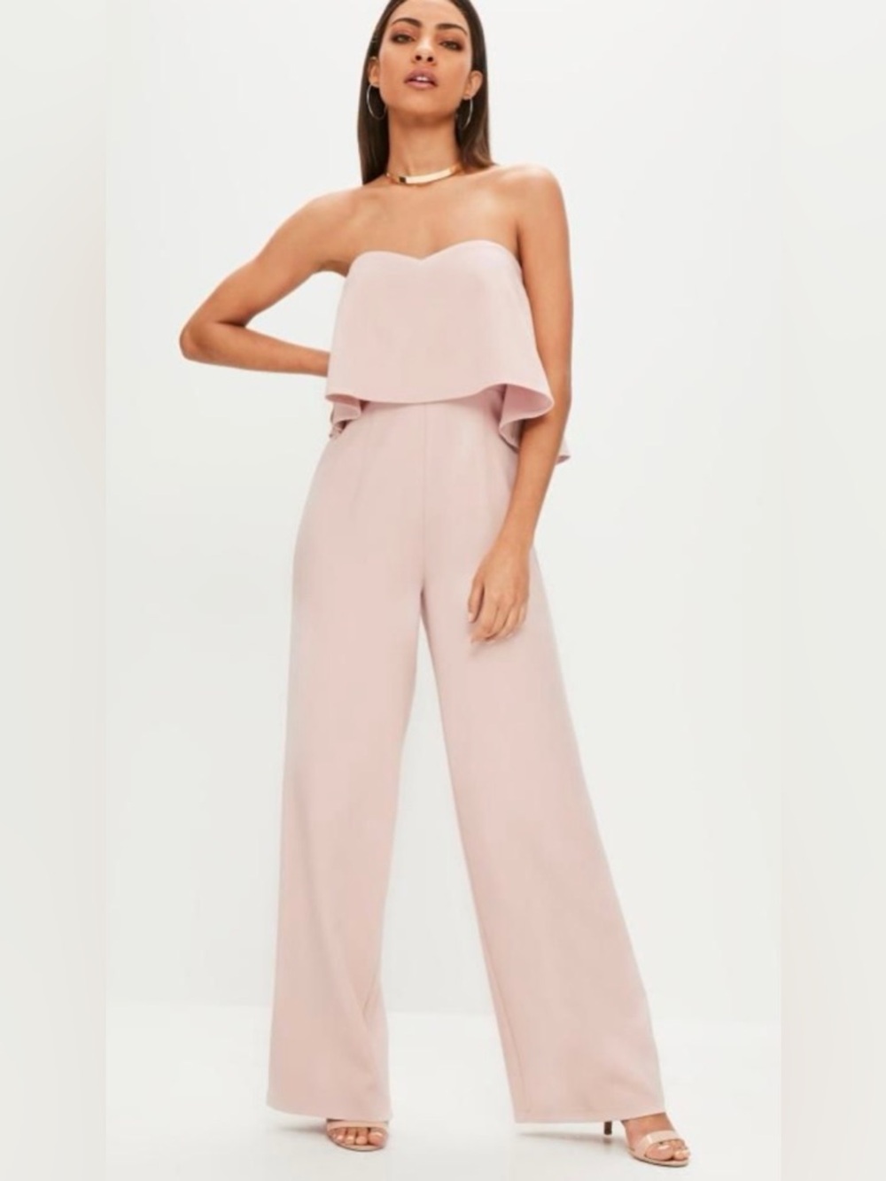 Missguided Strapless Ruffle Overlay Wide Leg Jumpsuit Romper 6 Blush Pink Party